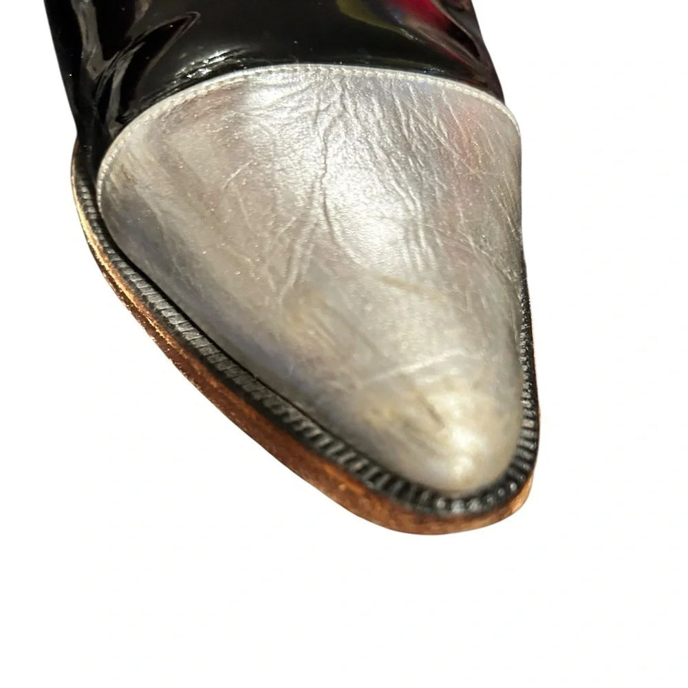GEKKE Slipper Bun Black Patent Leather Metallic Silver Leather Oxford Loafers W7